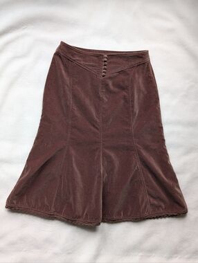 Vintage TOGO Y2K Brown Velveteen Cotton Skirt Lace Trim Button Detail Size 6